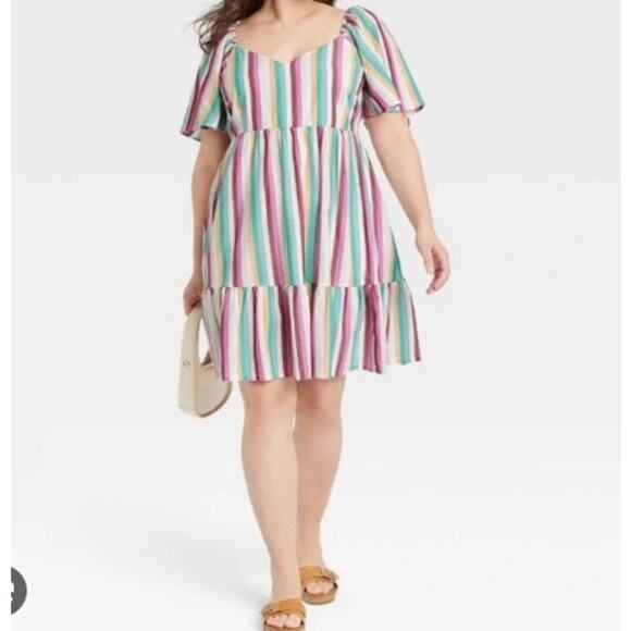 Ava & Viv Multi Stripe Tiered Dress Short Sleeve Size 2X Beachy - Picture 1 of 10